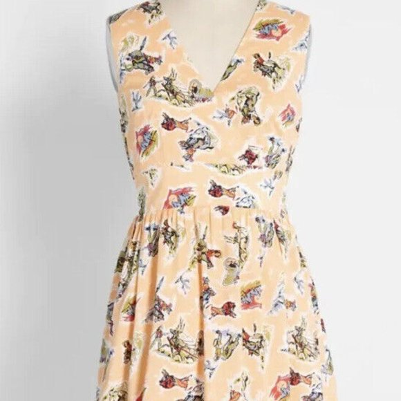 Modcloth Annie Get Your Dress peach 4X Horse Cowgirl Western Print - Picture 1 of 8